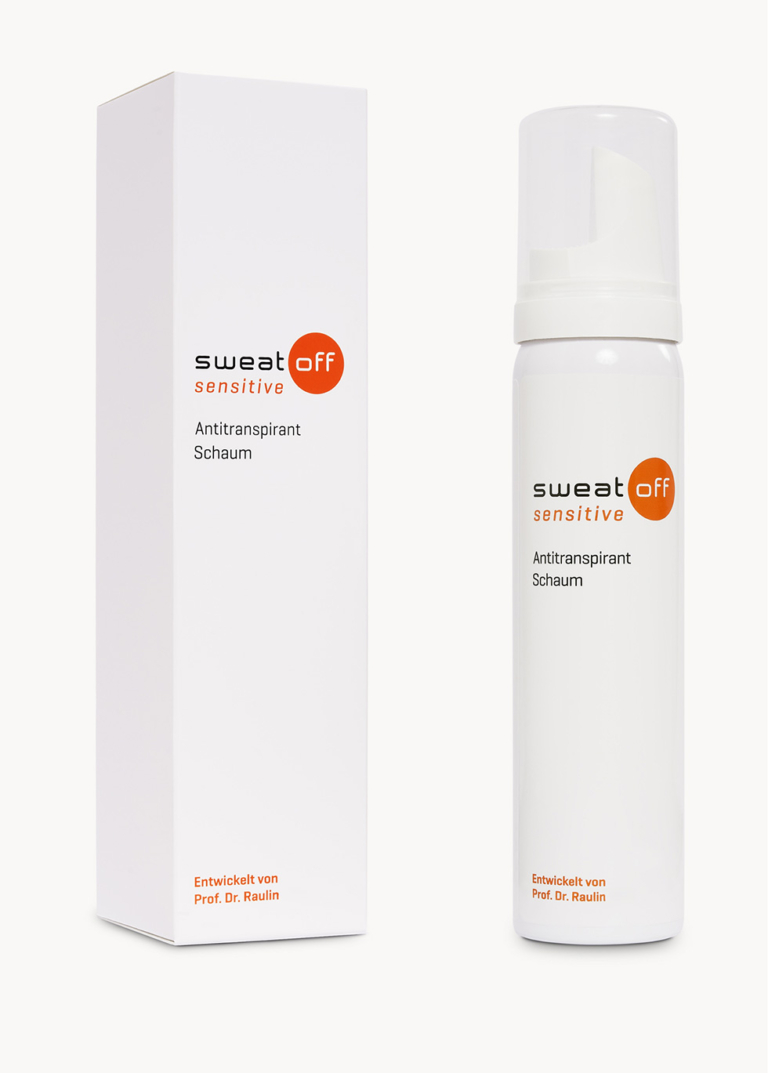 Sweat-Off Antitranspirant Sensitive Schaum. Faltschachtel und Produkt