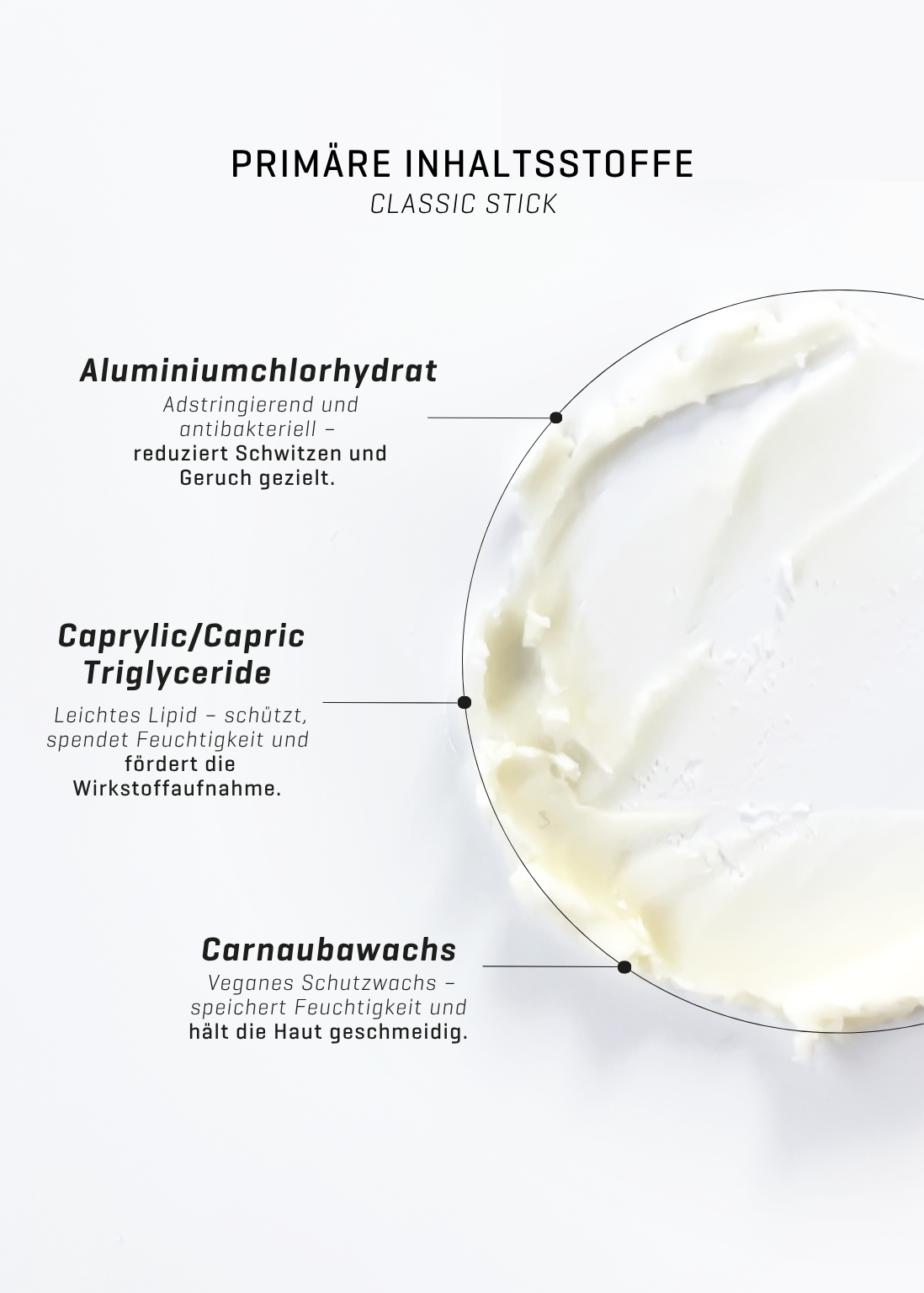Primäre Inhaltsstoffe Classic Stick. Aluminiumchlorhydrat, Caprylic/Capric Triglyceride,Carnaubawachs. Beschreibung links, rechts Konsistenz im Kreis