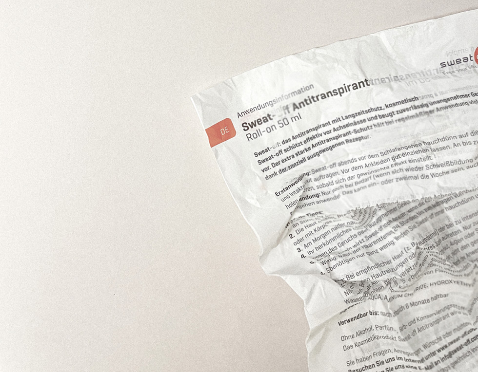 Sweat-Off Beipackzettel angeschnitten