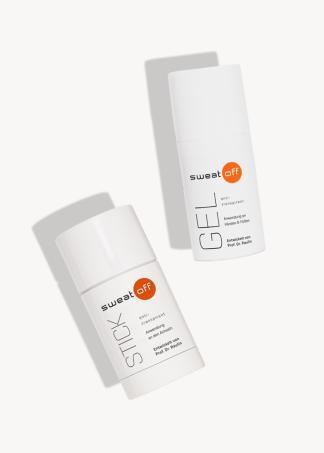 Antitranspirant Stick und Gel liegend auf weißem Hintergrund